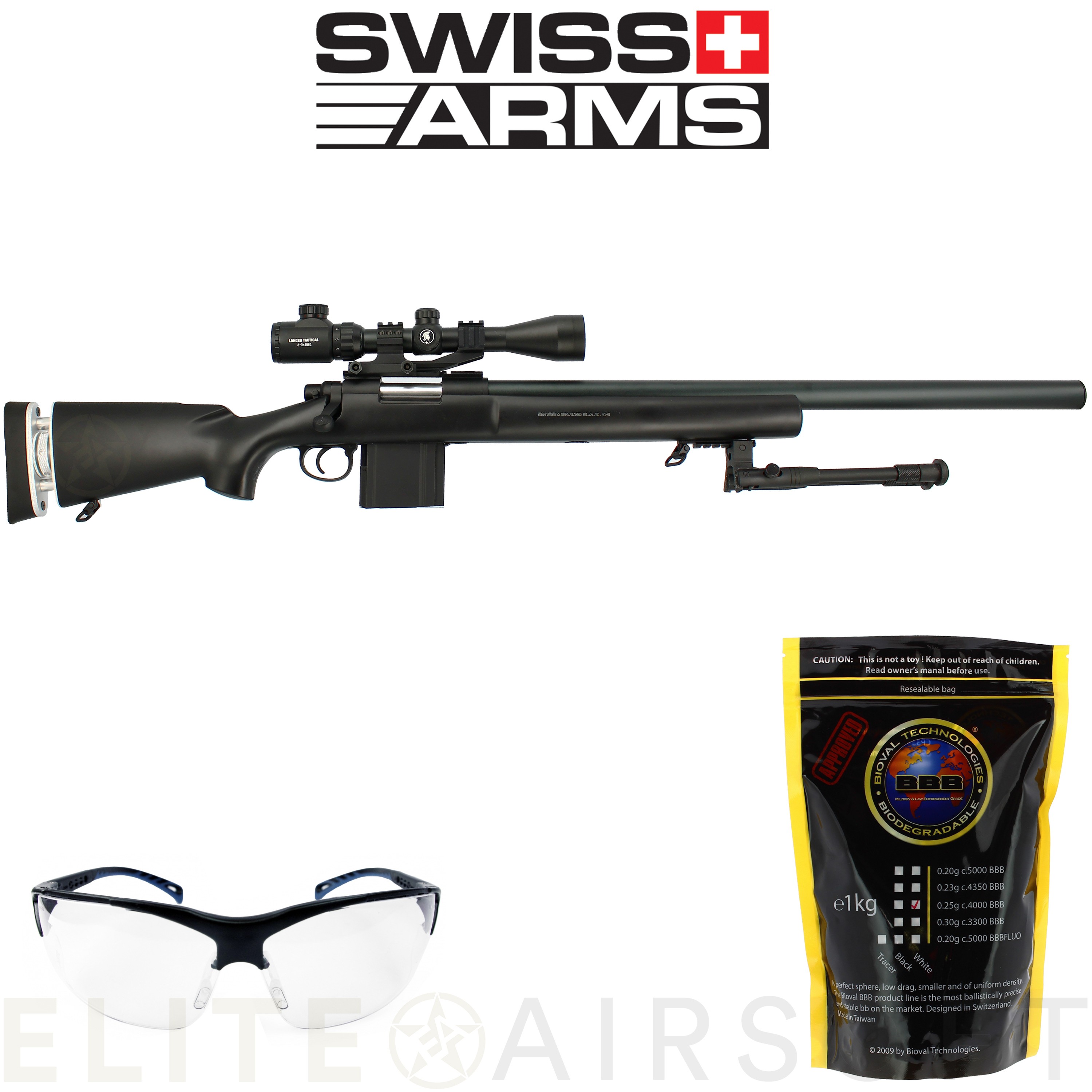 PACK Swiss Arms - Fusil de sniper Type M24 SAS 04 - Spring - Noir (1.9  joules) - Elite Airsoft